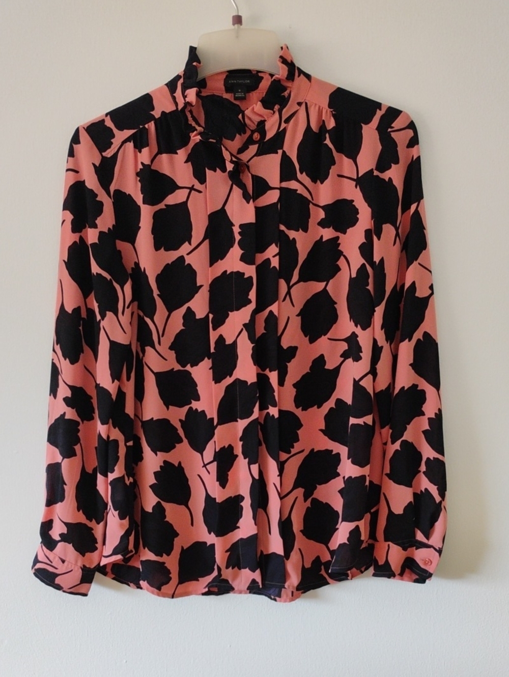 Ann Taylor Salmon Pink Blouse with Blue and Black Floral Pattern